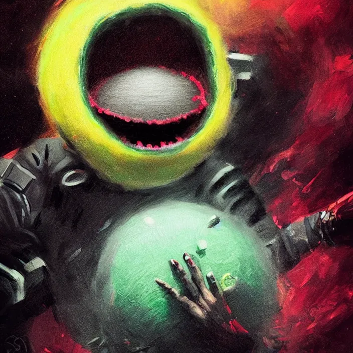 Image similar to cinematic portrait of a cute tennis ball monster in the abyss of space, chalk, masterpiece, trending on artstation, featured on pixiv, cinematic composition, dramatic pose, beautiful lighting, sharp details, hyper - detailed, hd, hdr, 4 k, 8 k, art by basil gogos