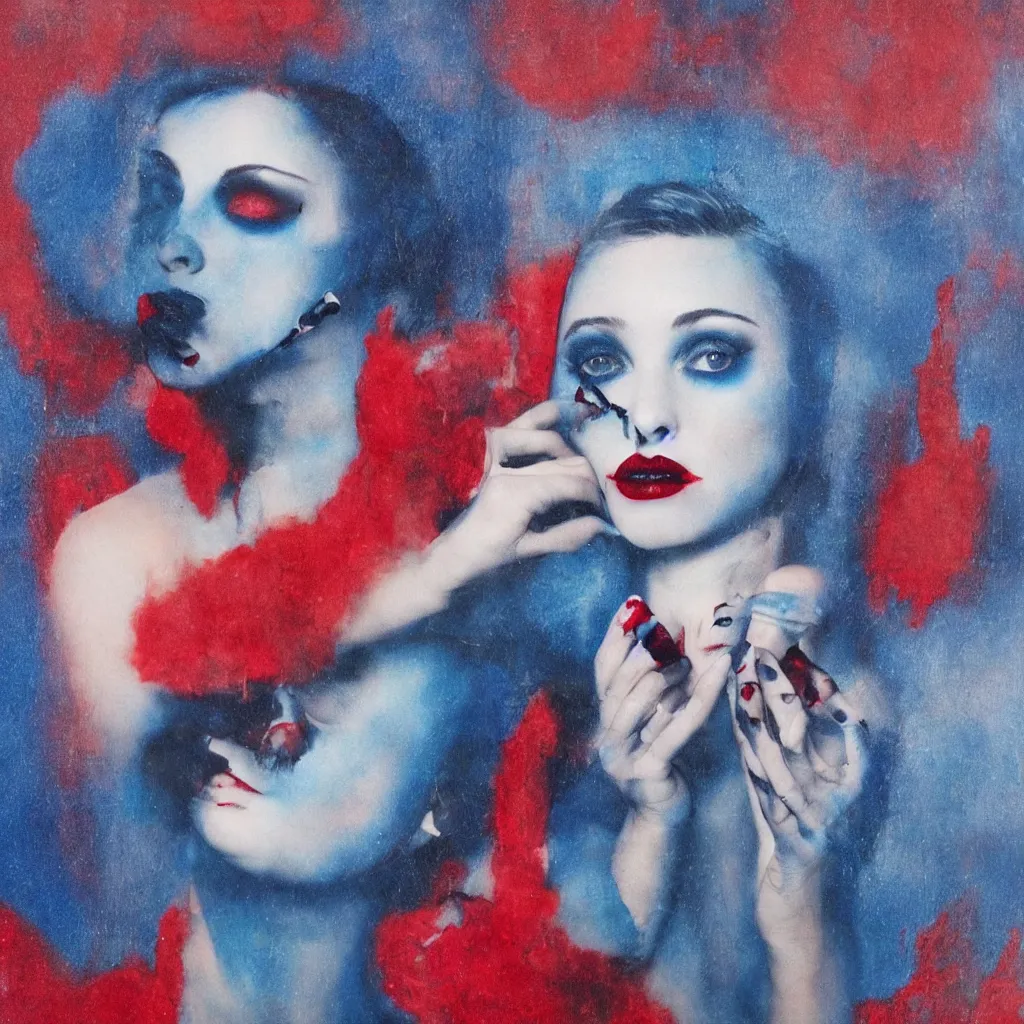 Image similar to her blood was red, but now it's blue, she no longer smiles at you, her lipstick's black and she no longer smiles at all. surrealism pop, avante - garde style
