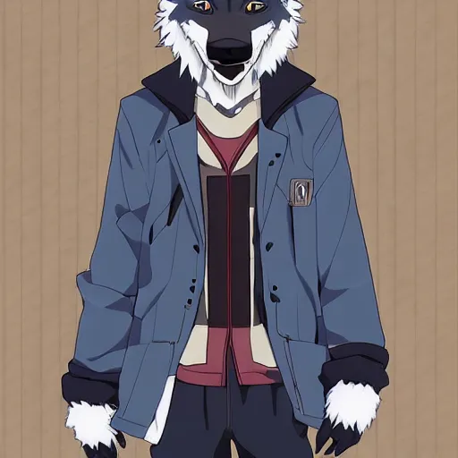 Image similar to key anime visual portrait of an anthropomorphic anthro wolf fursona, in a jacket, with handsome eyes, official modern anime art