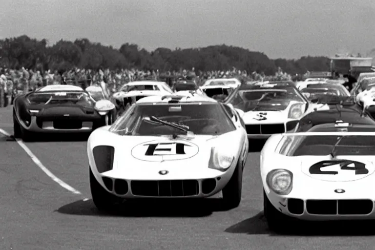 Image similar to vintage race footage of a sginel 1965 GT40 with elements of the F40, De Tomaso, Lotus, BMW M1, Pantera and Countach, movie still, speed, cinematic Eastman 5384 film