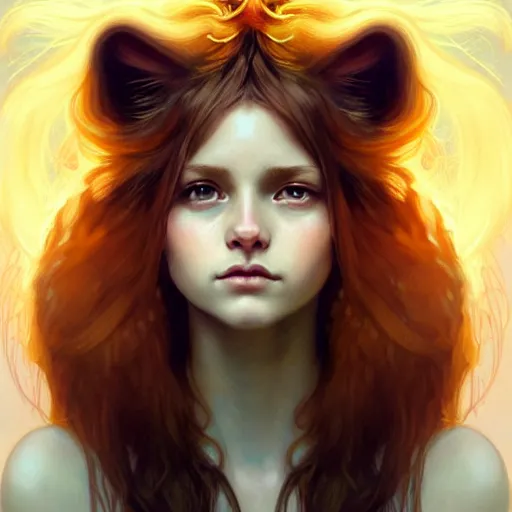 Image similar to Portrait of a girl angel with pale orange colored frizzy strands of illuminated hair, cat ears on her head, glowing halo, Lion's Mane, fantasy, intricate, elegant, highly detailed, digital painting, artstation, concept art, smooth, sharp focus, illustration, art by Krenz Cushart and Artem Demura and alphonse mucha