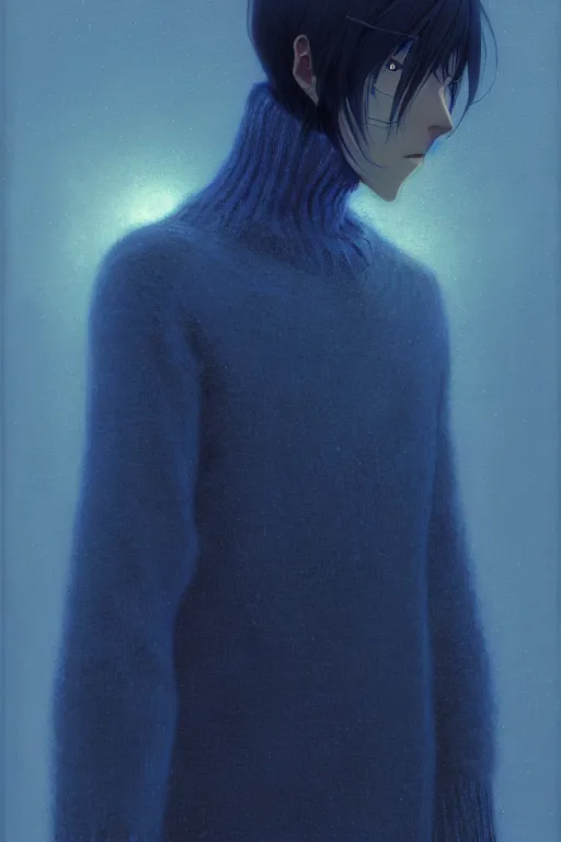 Image similar to portrait of the sapphire herald in an elegant winter sweater, by makoto shinkai, by akihiko yoshida, by zdzislaw beksinski, by dariusz zawadzki, artbook, tone mapped, deep blues, shiny, soft lighting