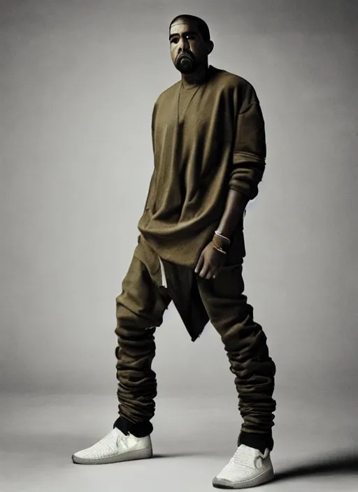 Prompt: kanye west styled by nick knight, annie leibovitz, posing, style, vogue magazine, highly realistic. high resolution. highly detailed. dramatic. 8 k. 4 k.