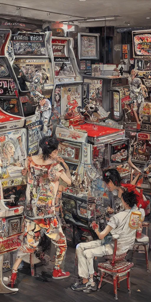 Image similar to oil painting scene from amusement arcade by kim jung gi