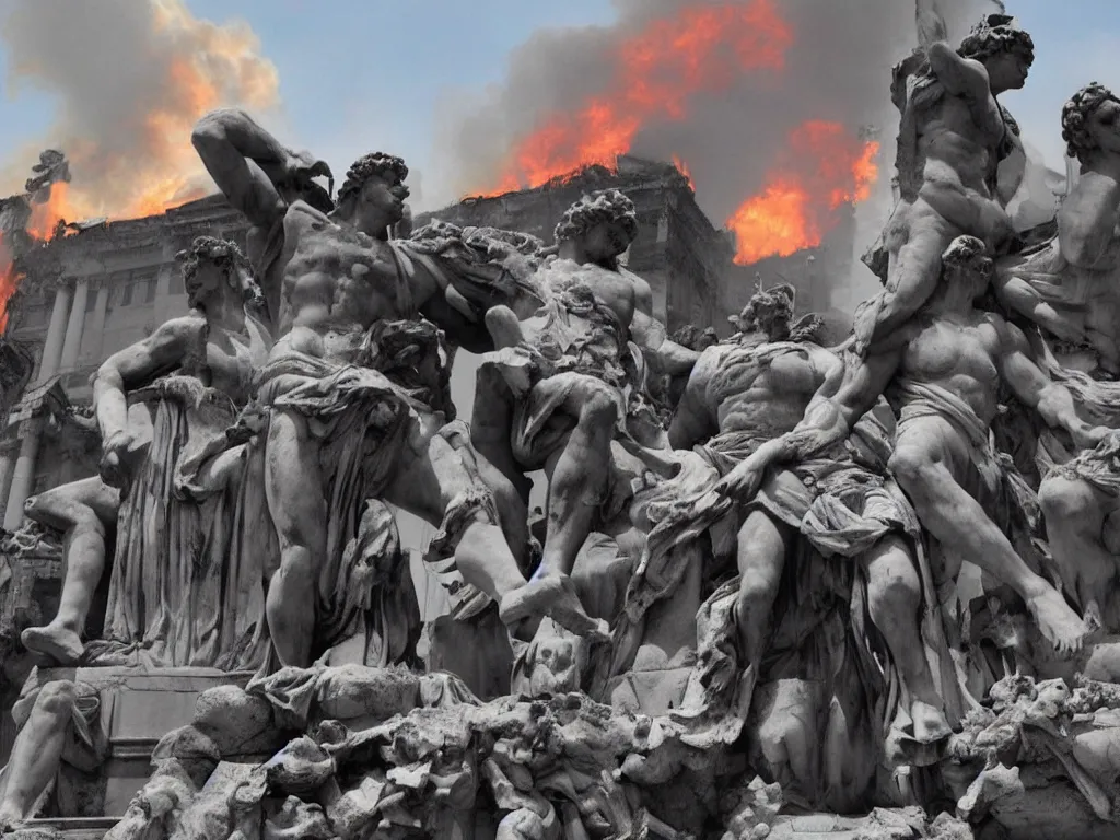 Image similar to giant greek statues attacking a city, city destruction ruins, debris flying around, swirls of fire