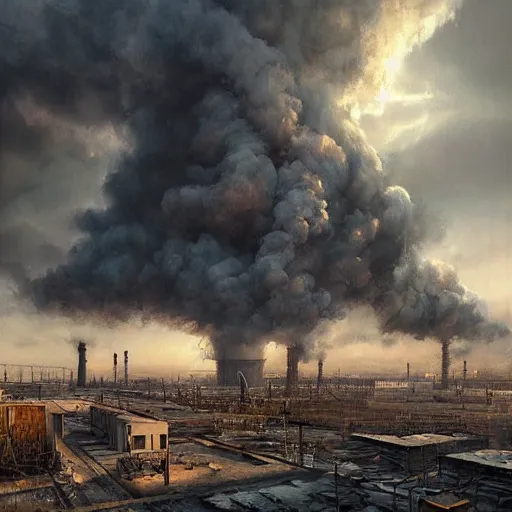 Prompt: a painting of a factory with smoke pouring out of it, a detailed matte painting by jonas de ro, cgsociety, nuclear art, dystopian art, apocalypse art, apocalypse landscape