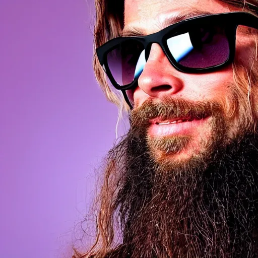 Prompt: 3 9 - year - old french bearded long - haired yoga punk singer wearing wraparound sunglasses. he also works as a commercial model and actor. looks like brad pitt. singing on a smoky stage in wheaton, illinois. vaporwave.