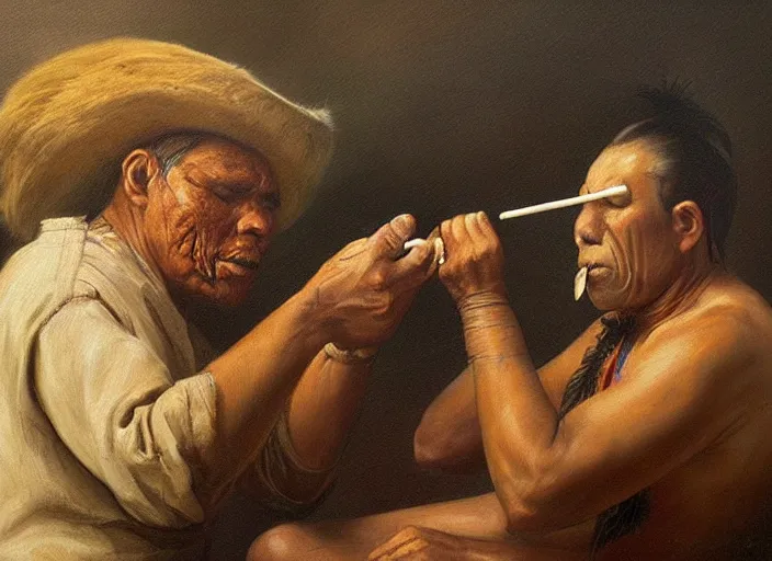 Image similar to a beautiful painting of an indigenous man blowing tobacco snuff into the nose of another man , fantasy art, matte painting, highly detailed