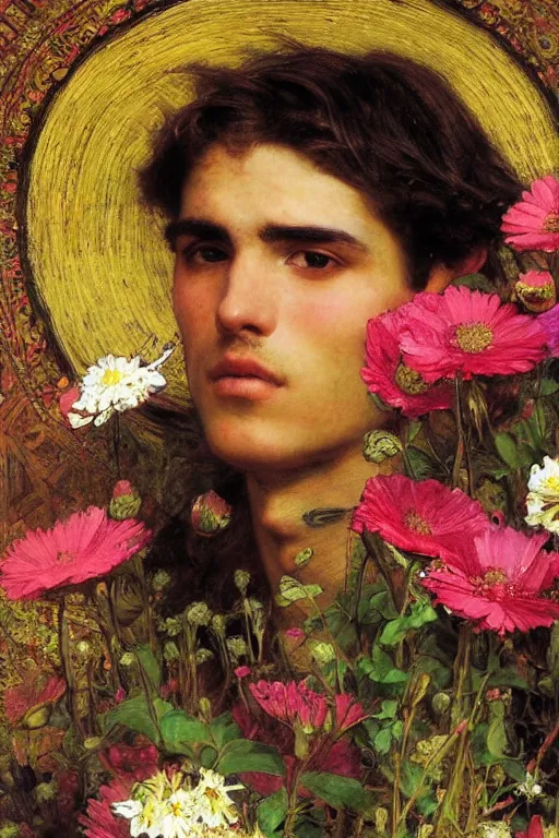 Image similar to close up of a attractive male surrounded by colourful flowers orientalist intricate portrait by john william waterhouse and edwin longsden long and theodore ralli and nasreddine dinet, hyper realism, dramatic lighting