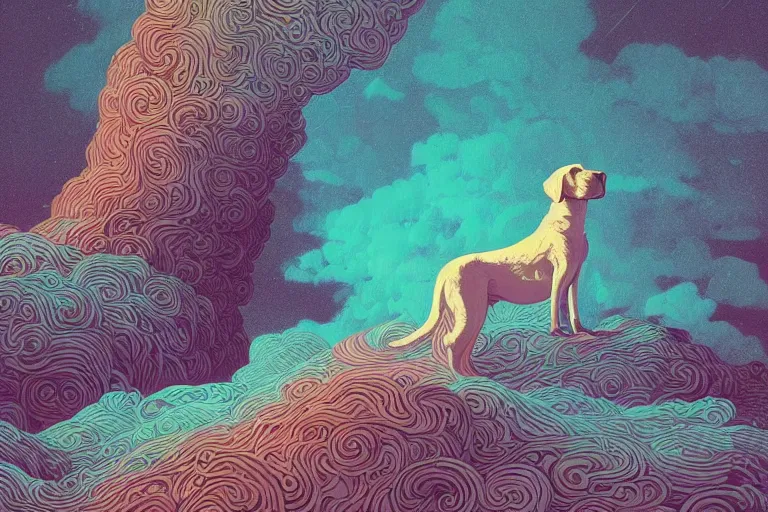 Prompt: Beautiful white Labrador , artstation painting by Victo Ngai, Kilian Eng vibrant colors, winning-award masterpiece, fantastically gaudy, aesthetic octane render inspired in beksinski and dan mumford work, remixed with Simon Stalenhag work, sitting on the cosmic cloudscape