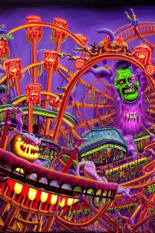 Image similar to a hyperrealistic detailed painting of an ornate evil carnival in town with rides, glowing lights, colorful, chimeric horror creatures riding a rollercoaster. cinematic lighting, depth perspective, depth of field, by chris cunningham and richard corben, highly detailed, vivid color,