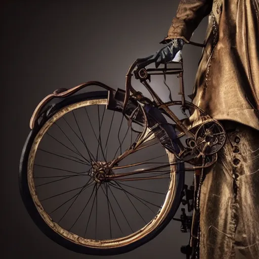 Image similar to close up portrait of a life size victorian steampunk automaton standing in with a bicycle, 8 k, soft lighting, highly detailed realistic, face in focus 1 8 9 0's liminal