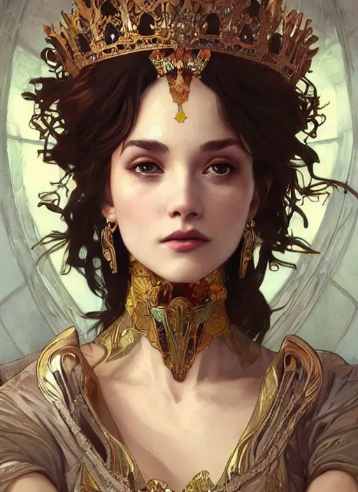 Image similar to hannah owo as queen, incredibly detailed face, pretty face, light dress, true anatomy, art by artgerm and greg rutkowski and alphonse mucha