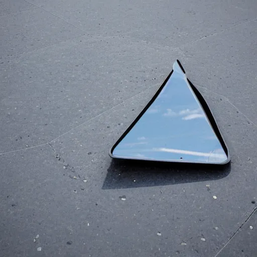 Prompt: realistic photo of flat triangle mirrors lying flat on the ground stretching to the horizon