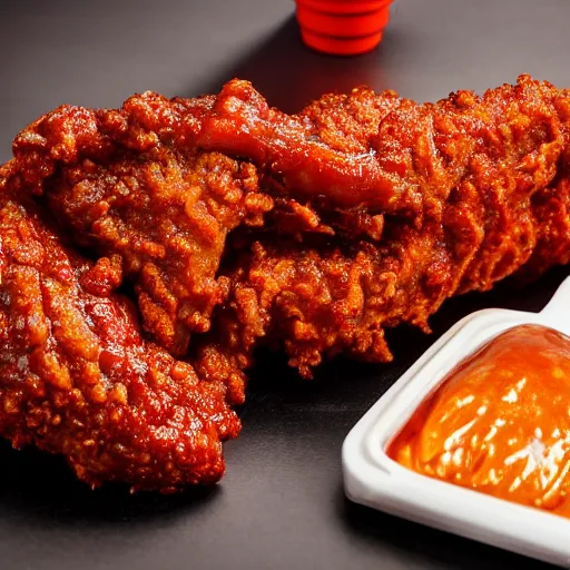 Image similar to 4 k uhd photo of a chicken strip covered in barbecue sauce, kfc product shot