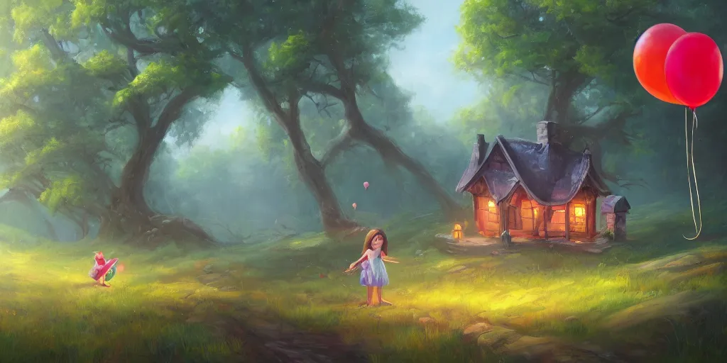 Prompt: beautiful oil painting of girl holding balloons back facing in an evil forest with a cottage, painted by Noah Bradley cartoon, colorful, 4k,Trending on artstation