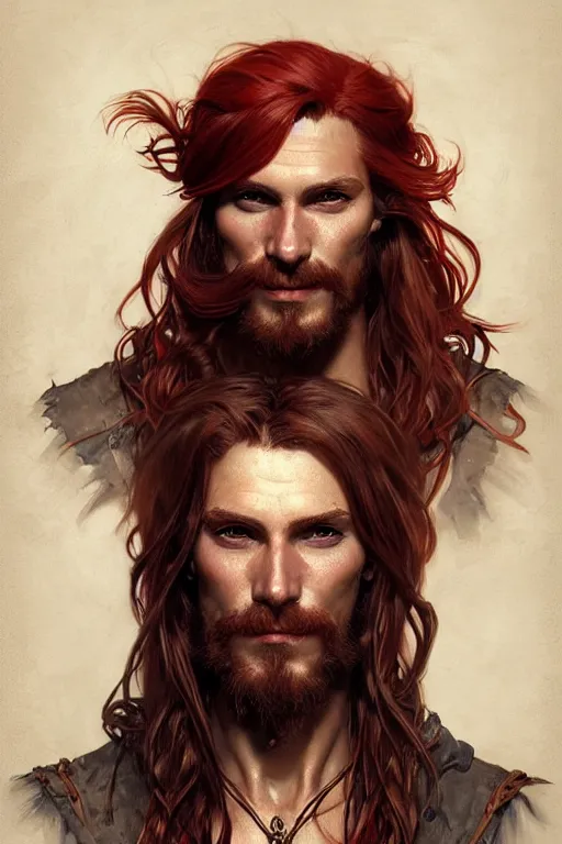 Prompt: portrait of a young ruggedly handsome but joyful pirate, male, masculine, full body, red hair, long hair, fantasy, intricate, elegant, highly detailed, digital painting, artstation, concept art, matte, sharp focus, illustration, art by artgerm and greg rutkowski and alphonse mucha