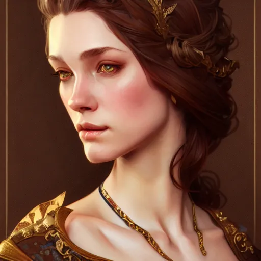 Prompt: aristocrat, female, d & d, fantasy, intricate, elegant, highly detailed, brown hair, digital painting, artstation, octane render, concept art, matte, sharp focus, illustration, hearthstone, art by artgerm, alphonse mucha johannes voss