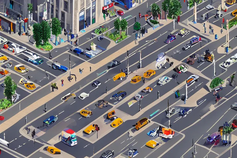 Prompt: street view of a city in 2020, cars and traffic