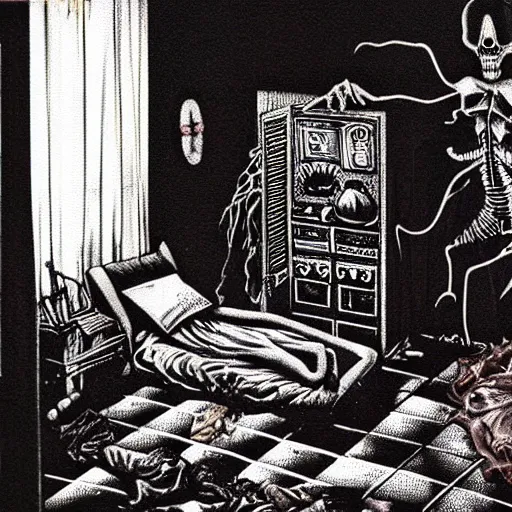 Prompt: beautifully ominous creepy sleep paralysis demon haunting inside 1 9 8 0's teeanger cluttered bedroom. weirdcore, liminal, backrooms aesthetic