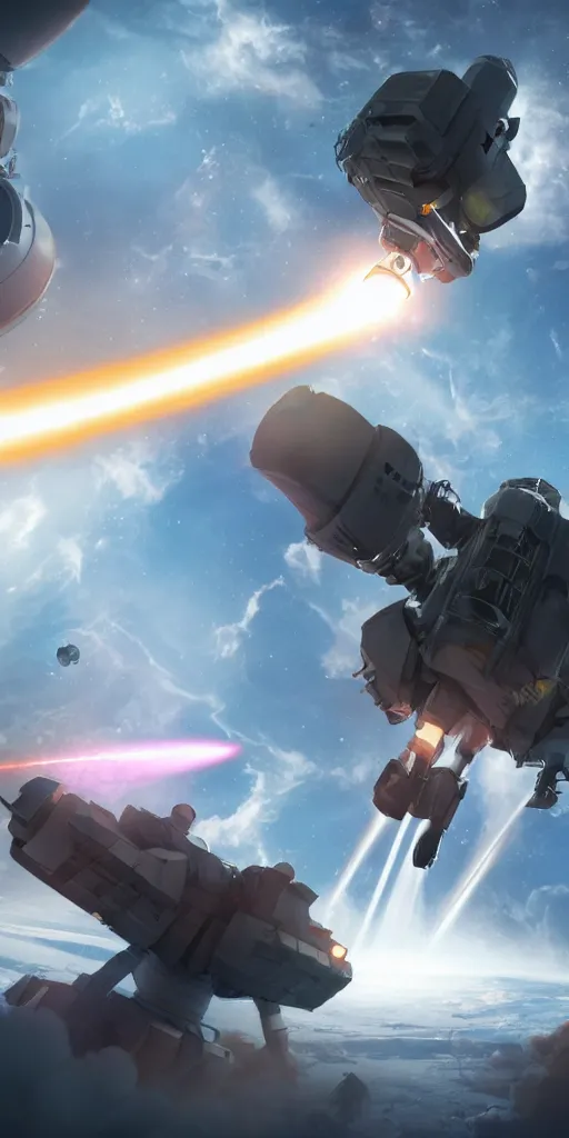 Image similar to concept art, robot launches missiles in space to destroy satellites, octane rendering, unreal engine.