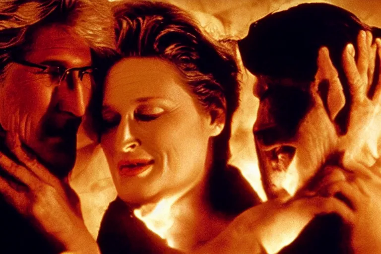 Prompt: richard gere and meryl streep play two vampires hugging each other in dark flames, scene from film