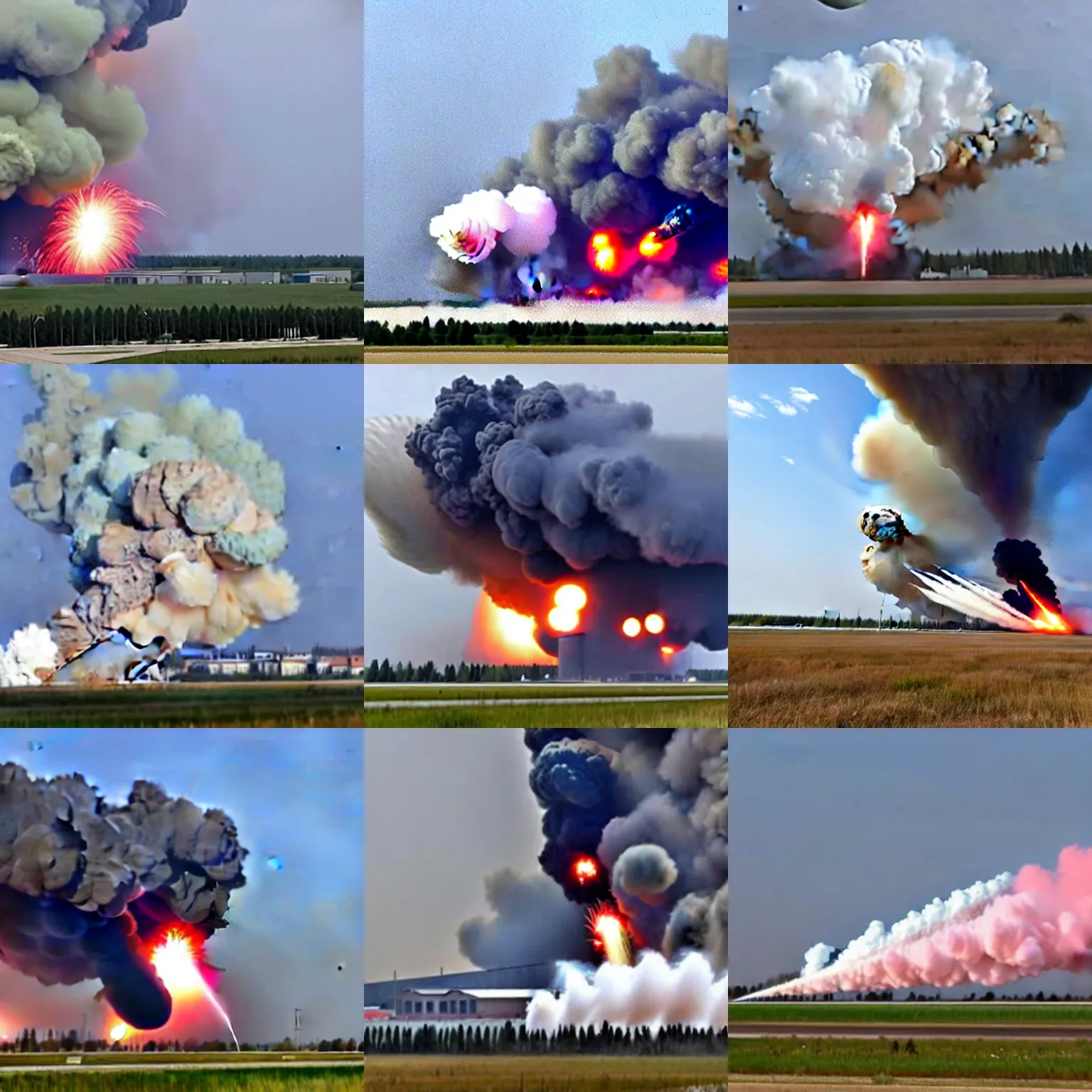 Prompt: russian air base being attacked exploding, with the powder stores exploding