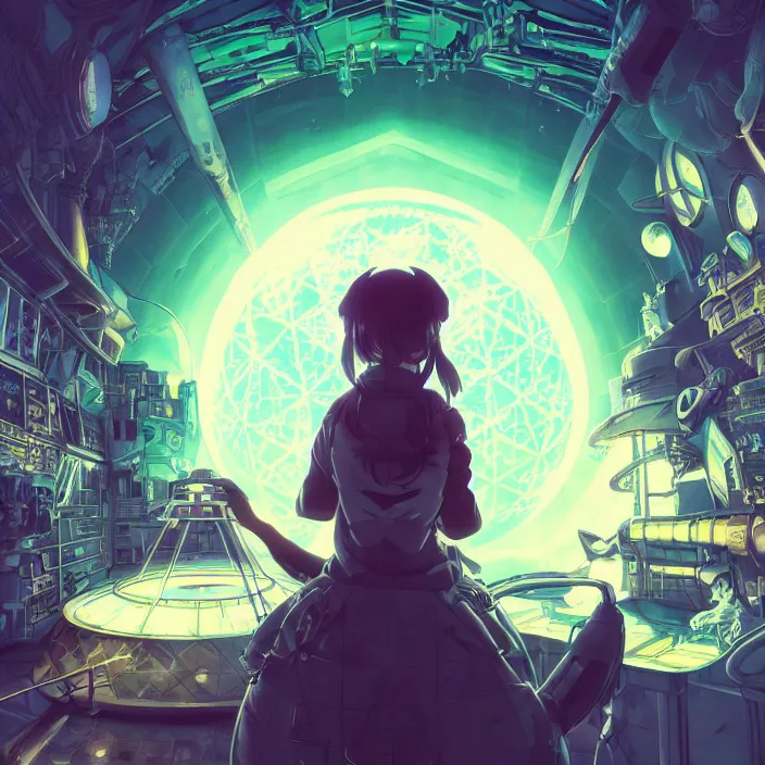 Image similar to Albedo from overlord, mamimi samejima, psychedelic background, epcot, inside a space station, eye of providence, female anime character, Lain, uwu, uwu, Luminism, Tomas Sanchez, Karla Knight, surrealism, Simon Stålenhag, M. C. Escher, Ruan Jia, uwu Hi-Fructose, Artstation, HD, HDR, High Resolution, technological rings, giygas