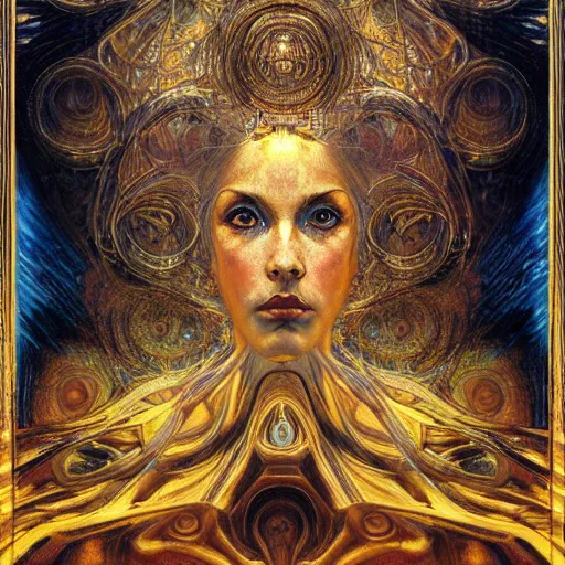 Image similar to Divine Chaos Engine portrait by Karol Bak, Jean Deville, Gustav Klimt, and Vincent Van Gogh, celestial, sacred geometry, visionary, fractal structures, ornate realistic gilded medieval icon, spirals