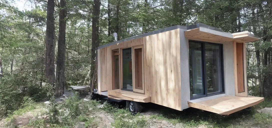 Image similar to brutalist tiny home on trailer, made of stone.