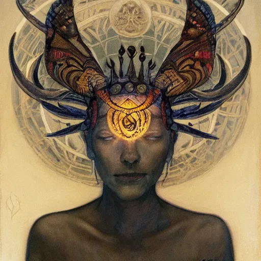 Image similar to the moth crown, by Annie Swynnerton and Nicholas Roerich, bioluminescent skin, tattoos, elaborate costume, geometric ornament, symbolist, smooth, sharp focus, extremely detailed, featured on artstation