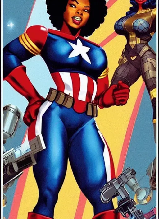 Image similar to beautiful black female captain america. afro - feminist captain america wins wwii. american wwii propaganda poster by carole feuerman, masamune shirow, rob liefeld and pixar. gorgeous face. pin up model. overwatch, realistic