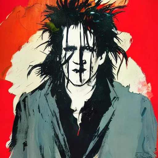 Prompt: Robert Smith as the Netflix DC The Sandman medium portrait by Ashley Wood, Yoji Shinkawa, Jamie Hewlett, 60's French movie poster, French Impressionism, vivid colors, palette knife and brush strokes, paint drips, Dutch tilt, 8k, hd, high resolution print