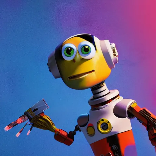 Image similar to space robot holding multiple paintbrushes, painting a canvas, cute pixar photorealism 4 k, octane render, clean design, beautiful light