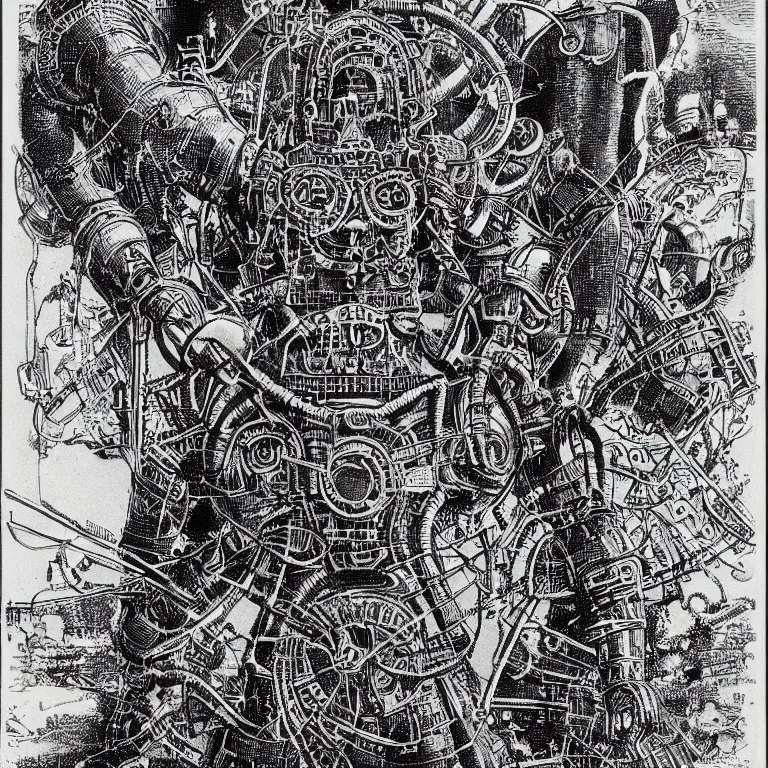 Prompt: A detailed engraving of a giant hindu robot god in the style of virgil finlay. (1955)