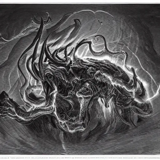 Prompt: full body grayscale drawing by Gustave Dore and Anato Finnstark of horned muscled humanoid demon, 3/4 view from below, engulfed in swirling flames