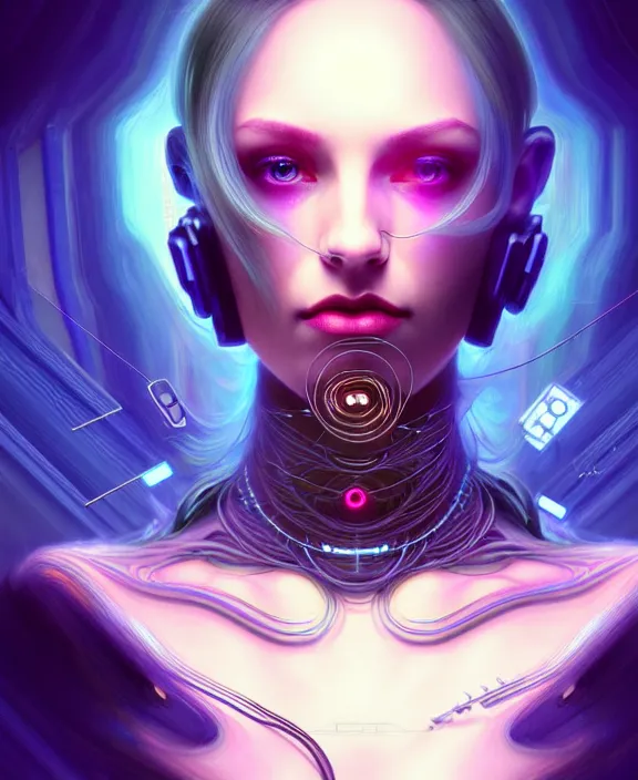 Image similar to a whirlwind of souls rushing inside the metaverse, hologram, half body, neurochip, shaved temple, piercing, jewelry, android, cyborg, cyberpunk face, by loish, d & d, fantasy, intricate, elegant, highly detailed, colorful, digital painting, artstation, concept art, art by artgerm and greg rutkowski and alphonse mucha