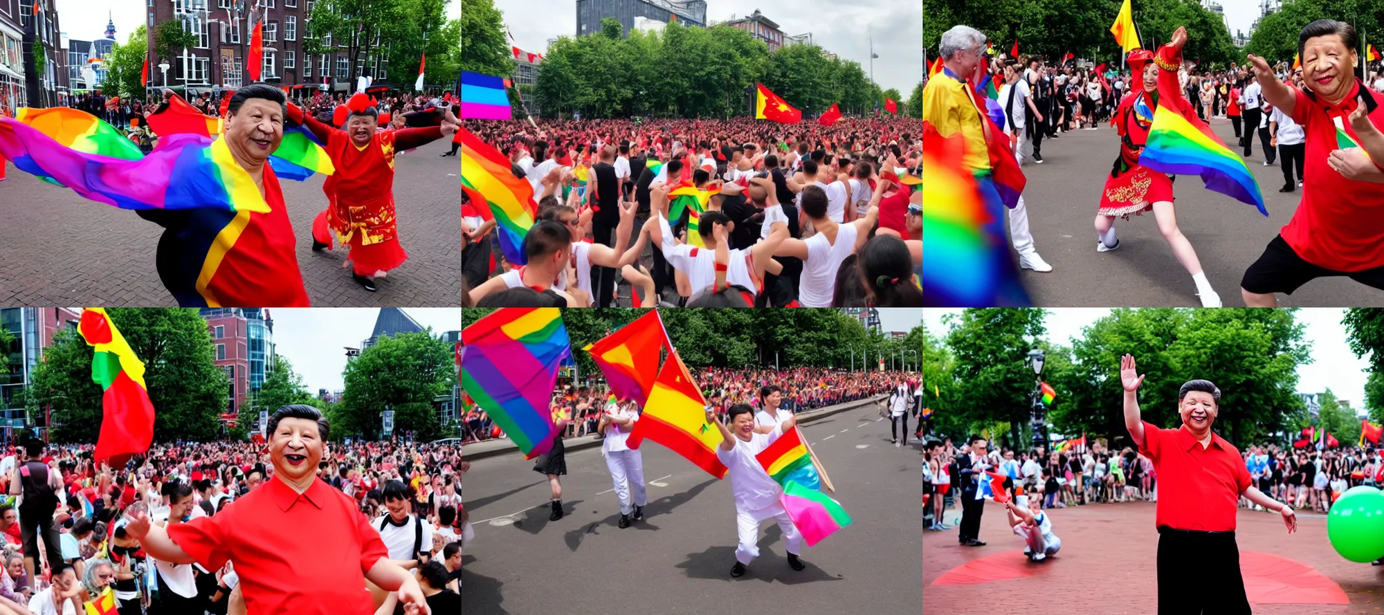 Prompt: xi jinping dancing at canal gay pride amsterdam