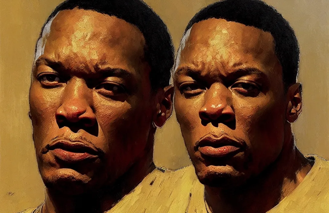 Image similar to portrait of dr dre!!!!!!!!!!!!!!!!!!!!!!!!!!!, detailed face, detailed painting,, epic lighting, by ilya repin, phil hale and kent williams