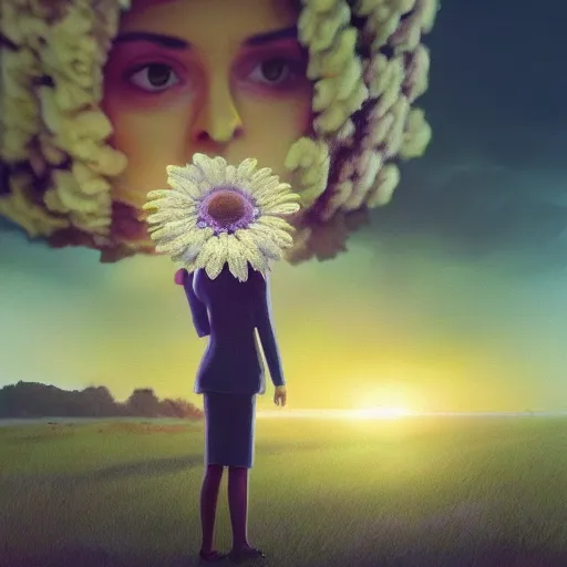 Prompt: giant daisy flower over head, frontal, a girl in a suit, surreal photography, sunrise, dramatic light, impressionist painting, digital painting, artstation, simon stalenhag