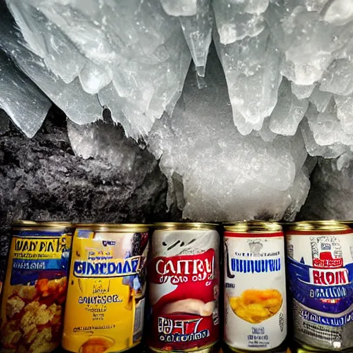 Prompt: photo of canned foods inside an ice cavern