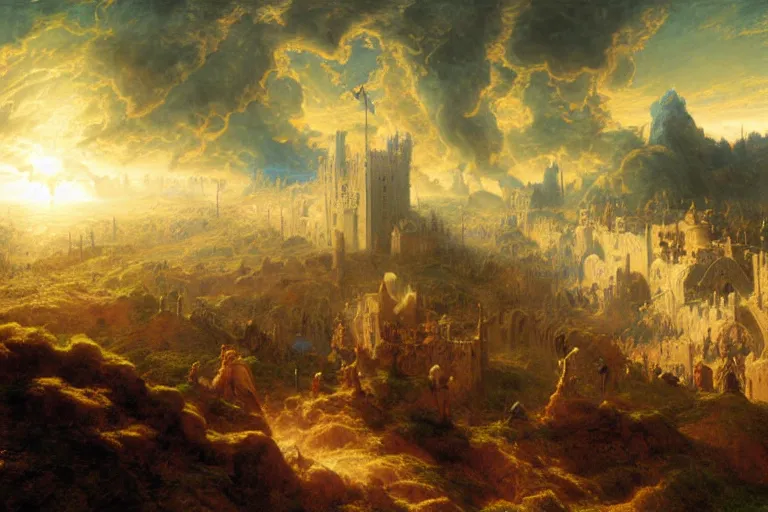 Image similar to a detailed matte landscape painting of king richard the lionhearted as a shonen anime protagonist attacking jerusalem, 8 k, volumetric lighting, in the style of disney, art by albert bierstadt and thomas moran