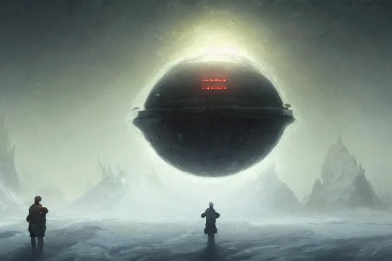 Image similar to jakub rosalski a magical animation from a video game of a giant circular spaceship shaped like a coin hovering over a foggy snow-covered landscape, by greg rutkowski and frank frazetta and peter mohrbacher and william blake and dan mumford, volumetric lighting, cinematic lighting, insanely detailed, intricate, artstation, cgsociety, painted by Simon Stalenhag, concept art, illustration, sharp focus