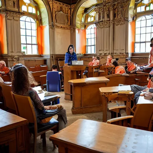 Prompt: an orange cat behind a lectern teaching inside an old and ornate classroom teaching a room full of philosophy students