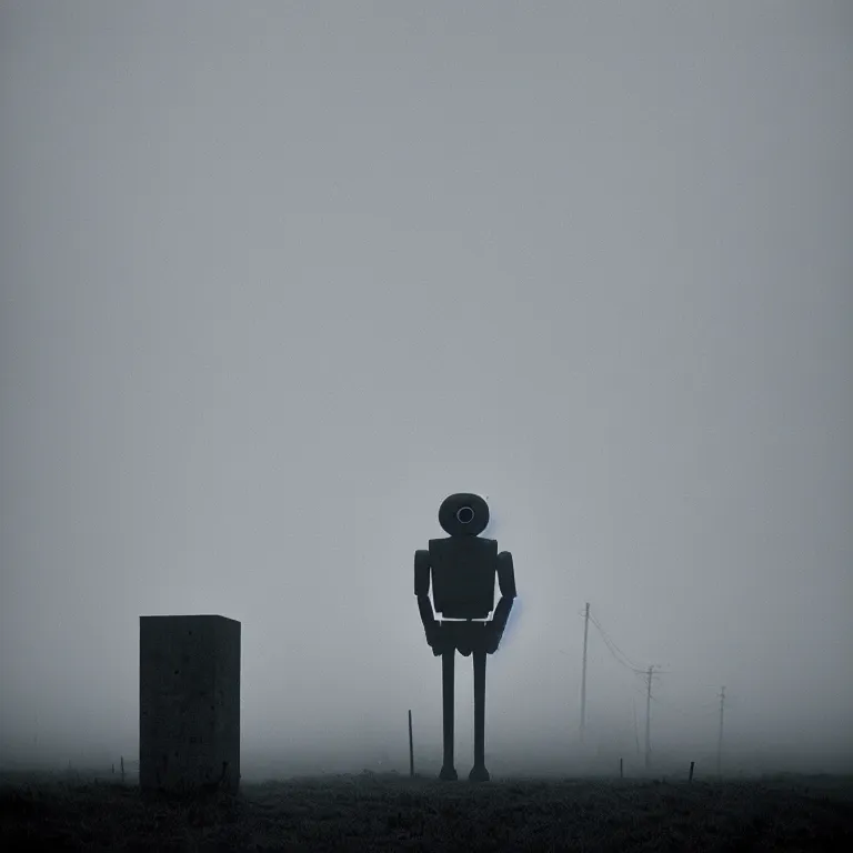 Image similar to a sole angular lanky liminal observer droid, in a brutalist yet rural landscape by simon stalenhag, 3 5 mm film photography, dawn, eerie fog