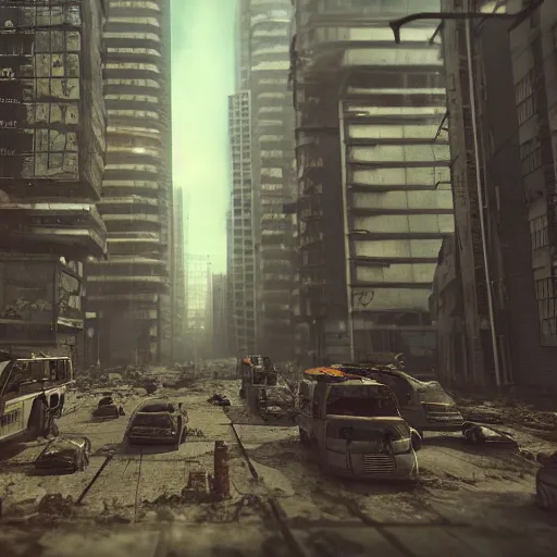 Image similar to a post apocalyptic cyberpunk city, populated only by clones of joe biden, octane render, 8 k