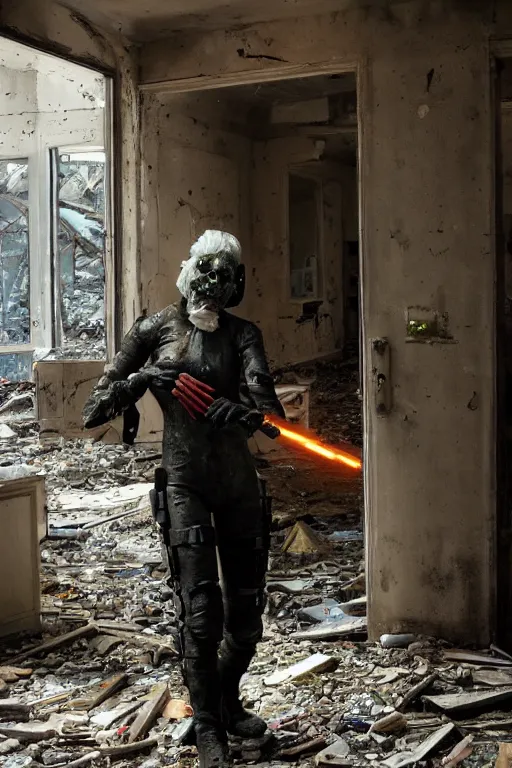 Image similar to dystopian hazmat woman holding zombie at gunpoint in dilapidated building. by Roger Deakins