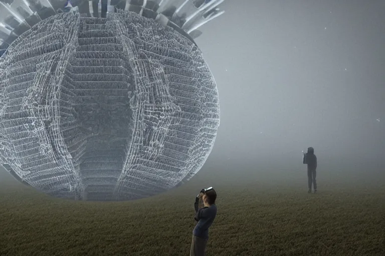 Prompt: a tourist taking a photo of a complex organic fractal 3 d living humanoid megastructure, cinematic shot, foggy, photo still from movie by denis villeneuve