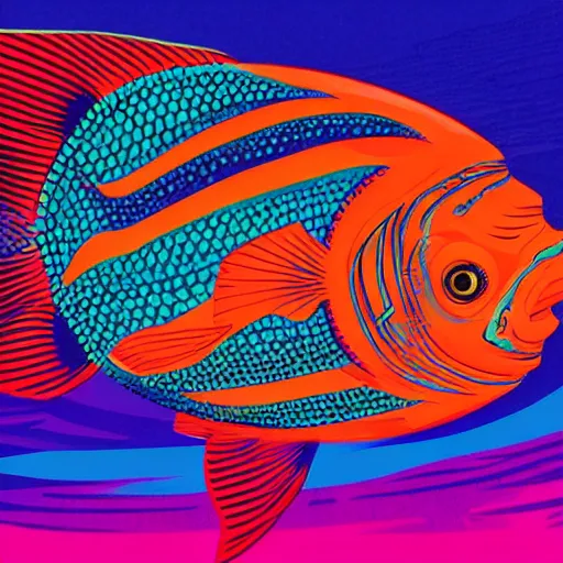 Image similar to one stylized fish with saturated colors viewed in profile in the dark ocean filled with complex sparkles and patterns, artstation, intricate, realistic, highly detailed, digital painting, concept art, sharp focus, 1 9 6 0 s, illustration by tom whalen and charles williams and kilian eng and james jean