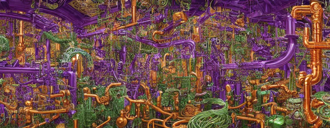 Image similar to a super high resolution film still of densely packed machine apparatus for making snake oil, huge copper machine with fine purple and green intricate pipework, art by jacek yerka, and ed roth, directed by denis villeneuve, cinematography by robby muller, fine detail, kodachrome 8 k, snake machine, cinematic lighting